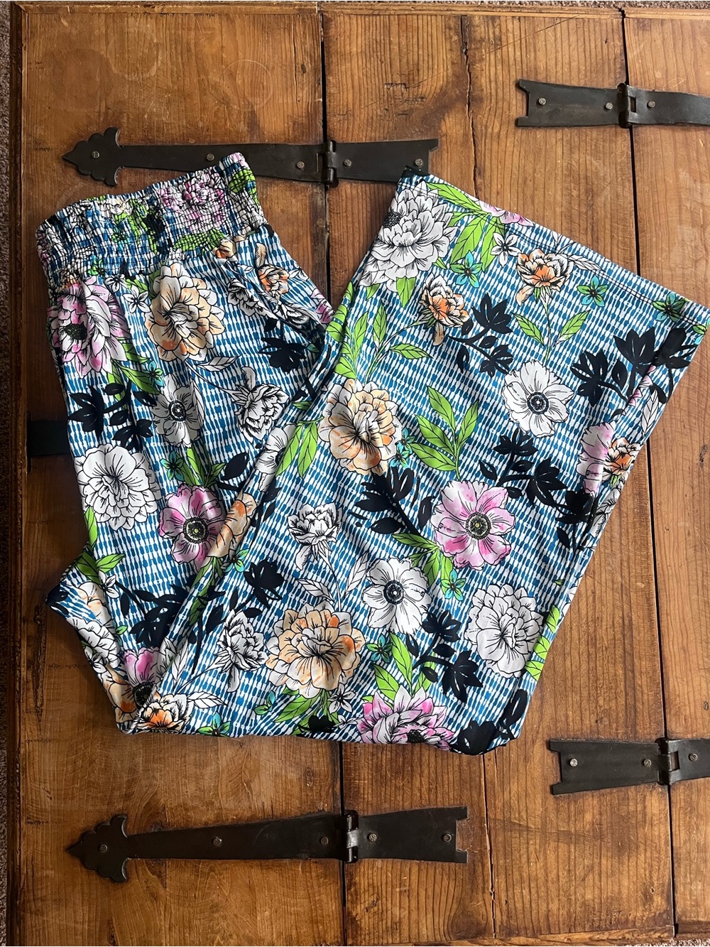Kate & Mallory Blue Striped Floral Pull-On Pants‎